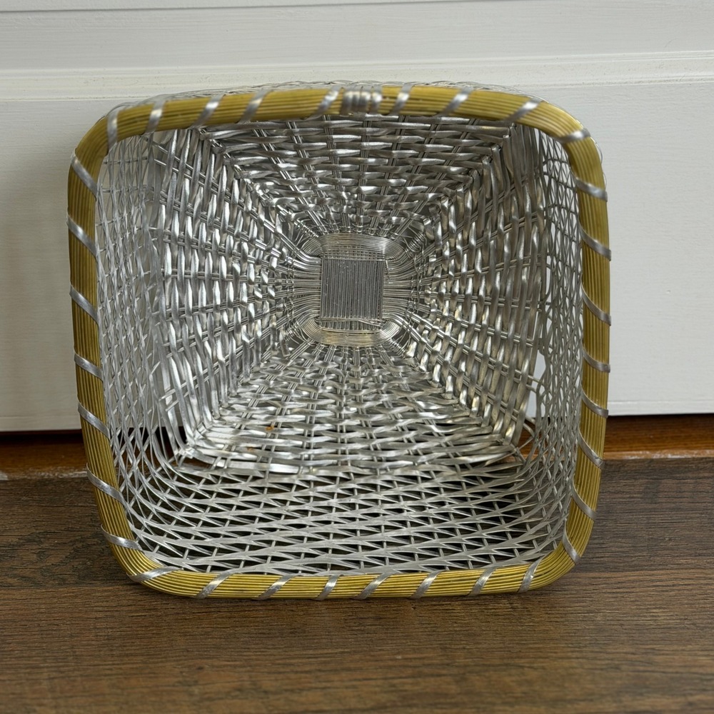 Vintage Woven Metal Wire Basket Silver Gold Trim Square Made in India 9.5 x 5 in